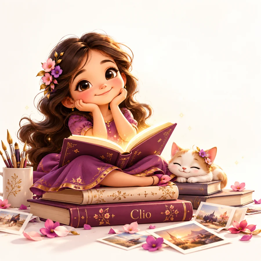 Ms. Clio, the CLIO mascot, dreaming over a storybook with her kitten